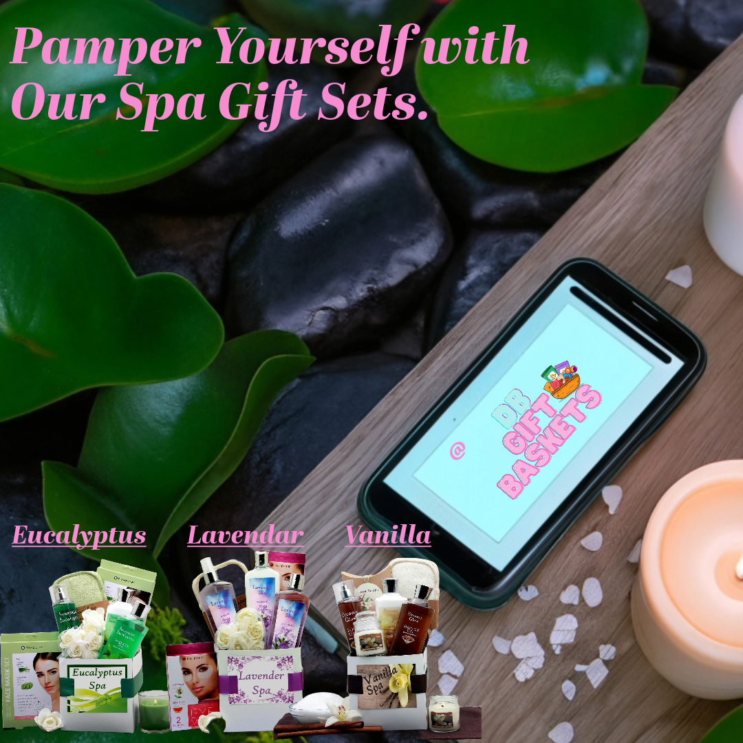 Relaxing spa setting with eucalyptus, lavender, and vanilla themed gift sets, a lit candle, and a smartphone displaying the "DB Gift Baskets" logo. The text "Pamper Yourself with Our Spa Gift Sets." is prominently displayed at the top.