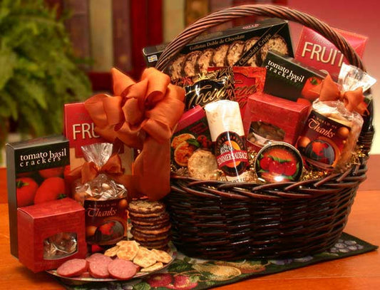 A Grand World Of Thanks Gourmet Gift Basket - DB Gift Baskets Express gratitude with our world-themed gourmet gift basket delivery