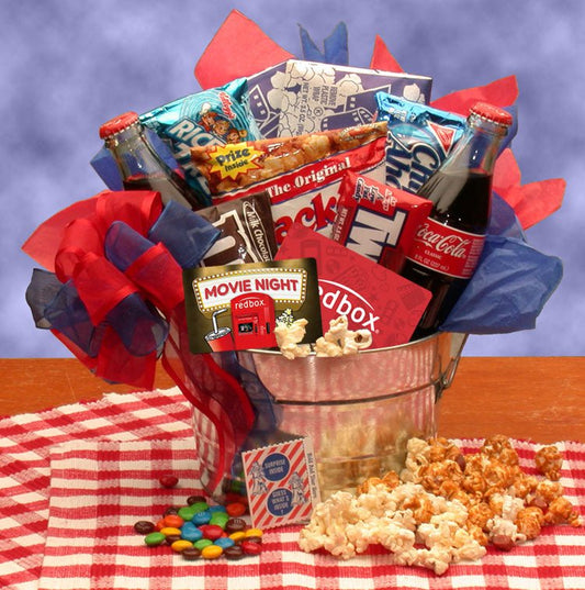 Blockbuster Night Movie Gift Pail - DB Gift Baskets Movie night gift basket delivery with popcorn, candies, and classic drinks