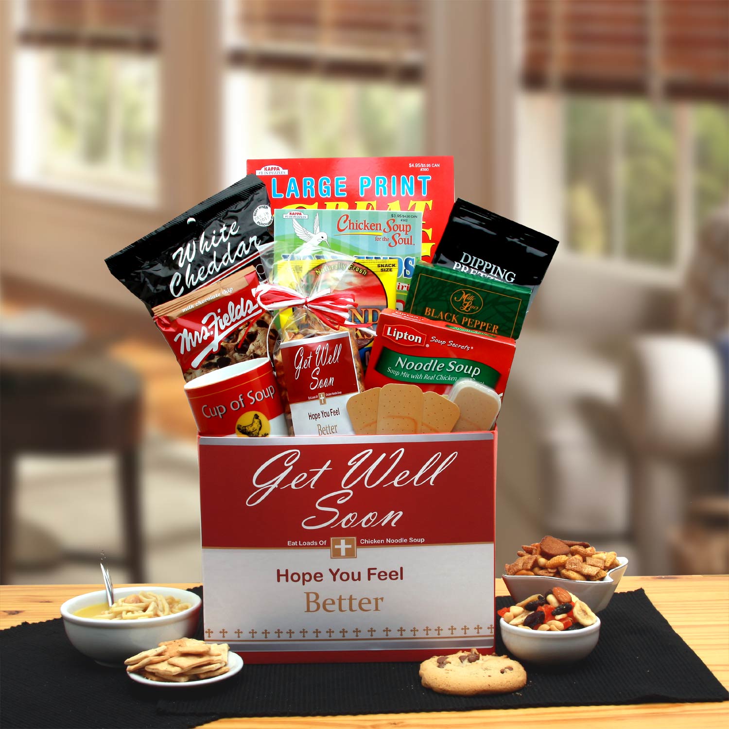 Chicken Noodle Soup Get Well Gift Box - DB Gift Baskets Comforting chicken noodle soup get well gift basket delivery with uplifting snacks For sick gift basket