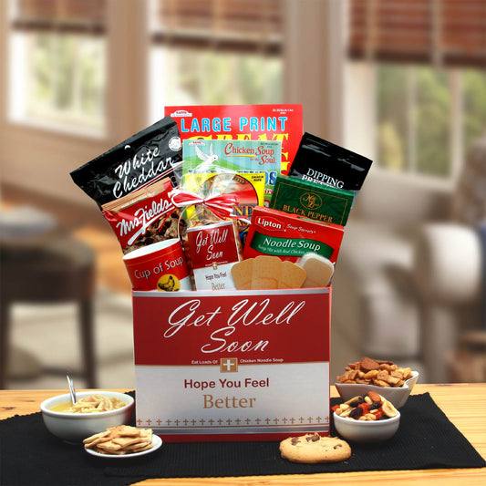 Chicken Noodle Soup Get Well Gift Box - DB Gift Baskets Comforting chicken noodle soup get well gift basket delivery with uplifting snacks For sick gift basket