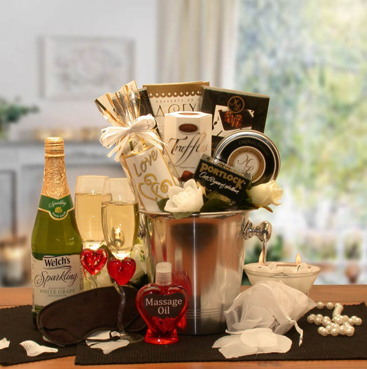 Deluxe Romantic Evening For Two Gift Basket - DB Gift Baskets Deluxe stress relief gift basket for a memorable romantic evening for women or couples.