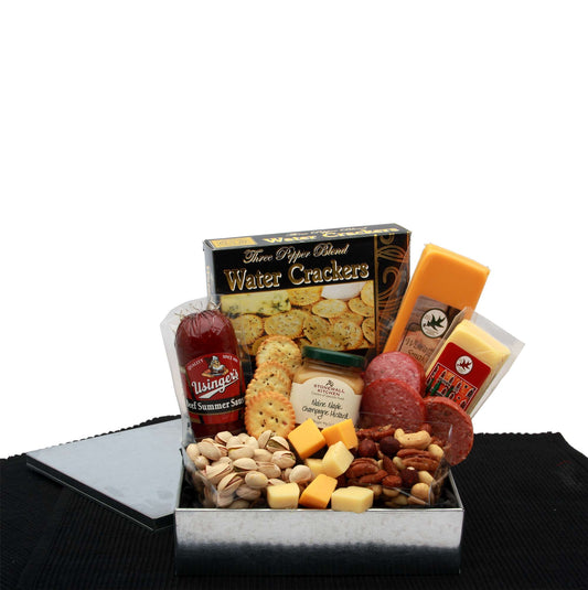 Gourmet Sausage & Cheese Snack Sampler - DB Gift Baskets Savory gourmet sausage and cheese gift basket delivery with delectable snacks