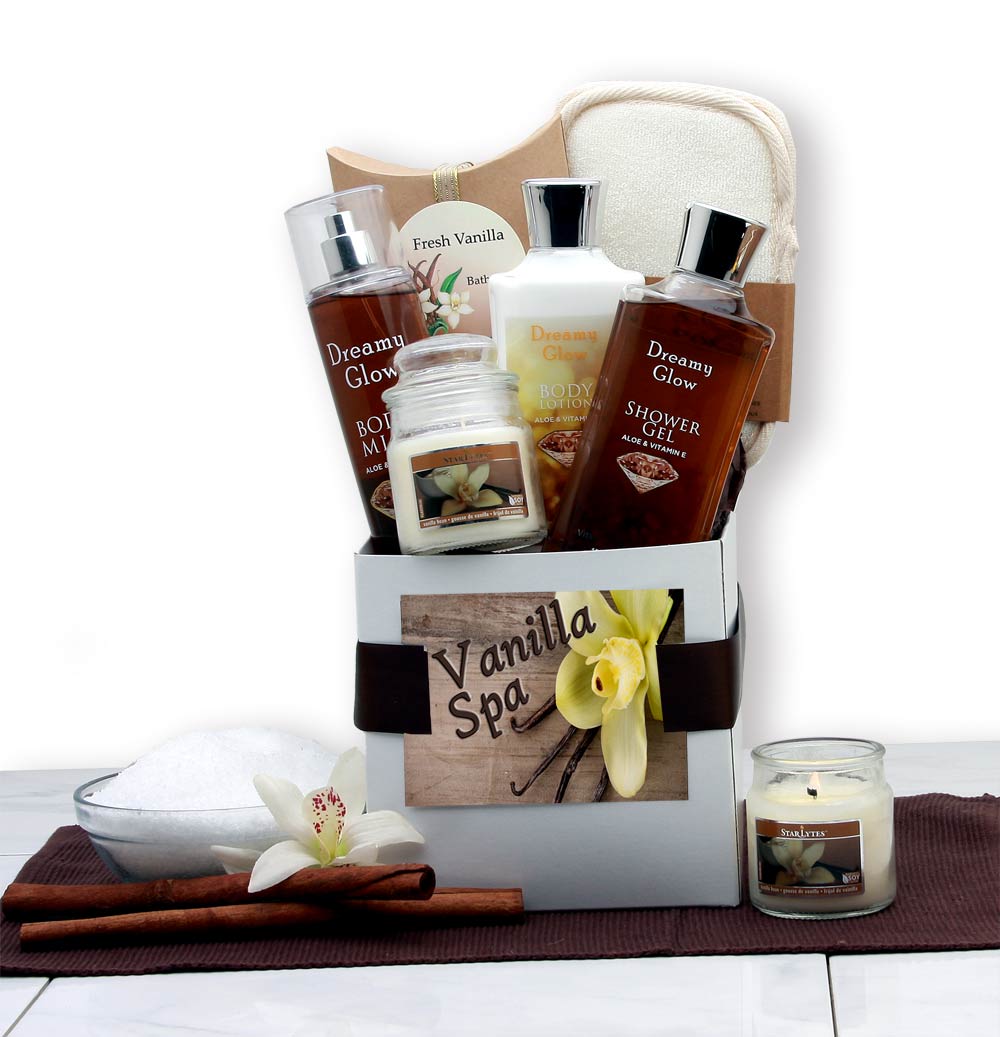 Spa Care Bundle - DB Gift Baskets Vanilla-themed spa care package gift basket for soothing stress relief, perfect for women.